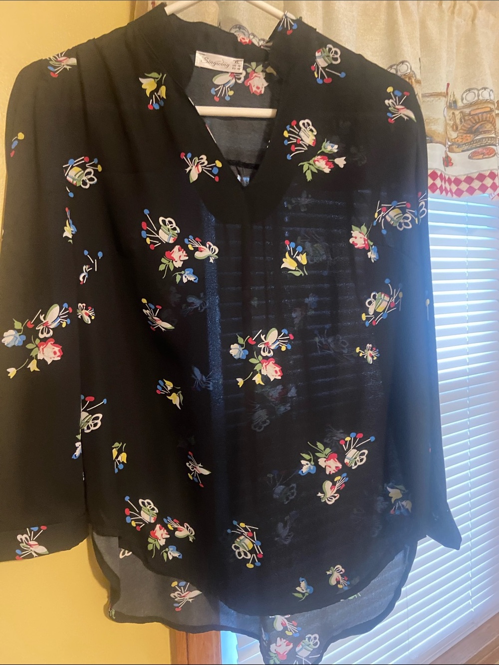 Floral-Print Black Chiffon Women's Blouse